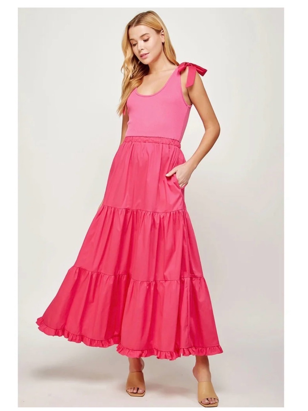 Pink Tie-Shoulder Maxi Dress